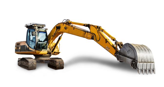 Crawler excavator with extended boom and big bucket isolated on white background. Powerful excavator with an extended bucket close-up. element for design.