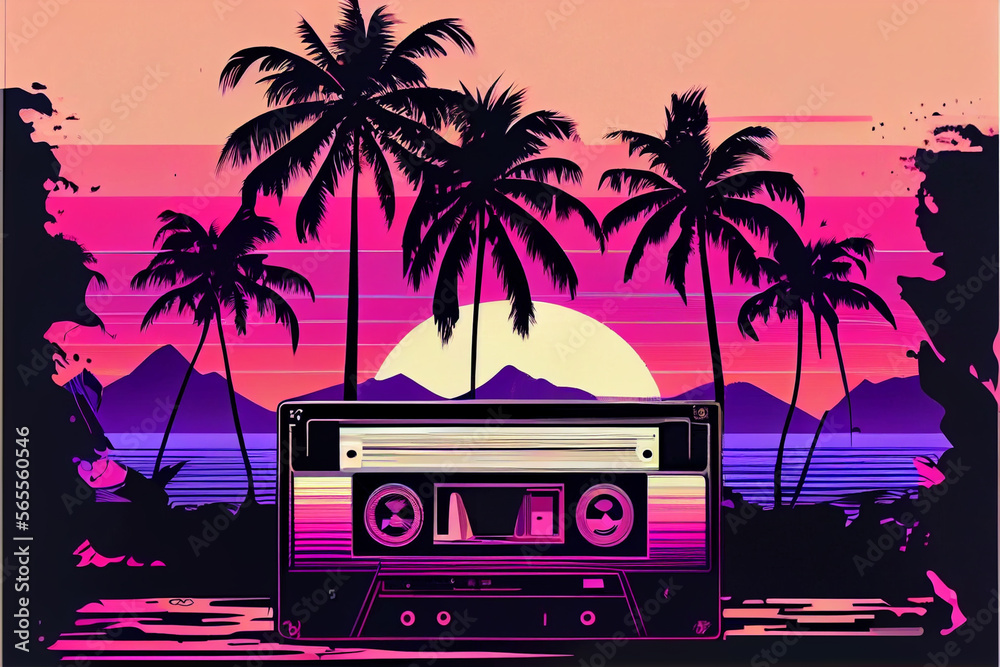 Poster beautiful audio cassette tape in neon light.minimalism retro style concept. 80s. background pattern 