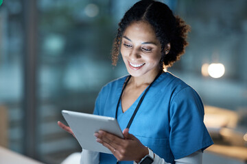 Nurse, medical tablet and black woman in hospital working late on telehealth, research or online consultation. Tech, healthcare or female physician with technology for wellness app in clinic at night - Powered by Adobe