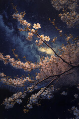Cherry blossoms, starry sky. Generative AI.