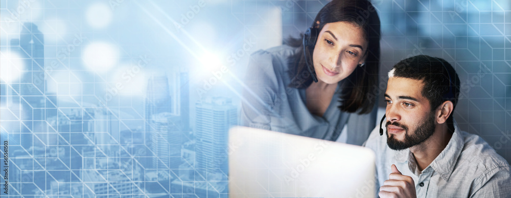 Poster Team work, crm or manager with a consultant in a call center helping, talking or networking online. Overlay, woman or insurance agent in communication at customer services or sales technical support