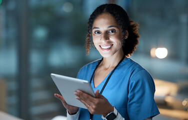 Nurse portrait, tablet and black woman in hospital working on telehealth, research or online...