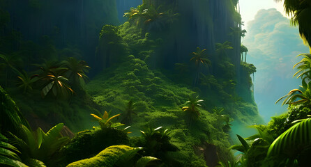 Illustration painting of fantasy tropical jungle alien environment colorful concept art