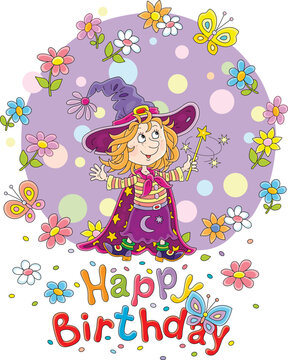Happy birthday card with a funny little witch waving her magic wand and colorful summer flowers with merry butterflies swirling around, vector cartoon illustration isolated on white
