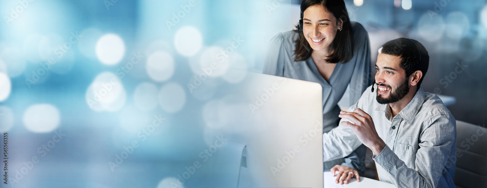 Aufkleber training, crm or manager with a consultant in a call center helping, talking or networking online. b