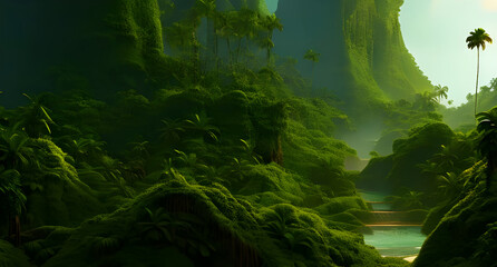 Illustration painting of fantasy tropical jungle alien environment colorful concept art