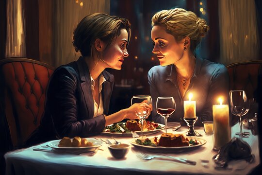Lesbian Couple holding hands while having a candlelight dinner - Postproducted generative AI digital illustration.