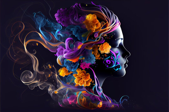 Beautiful abstract creative Women with flowers and smoke brain background. Generative AI technology.