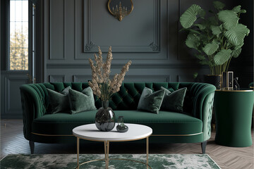 luxury grey-green living room, Emerald furniture - rich sofa and armchairs. Luxury room design interior mockup, Generative AI