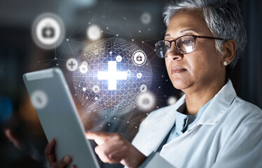 Doctor, tablet or futuristic global healthcare on cybersecurity, life insurance or data safety app on night hospital network. Thinking, woman or medical technology hologram and overlay for research