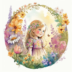 a adorable child in cute Princess suit, she is surrounded by a meadow full of colorful flowers. Watercolor styled. made with generative AI