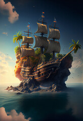 pirate ship on the ocean at night - obrazy, fototapety, plakaty