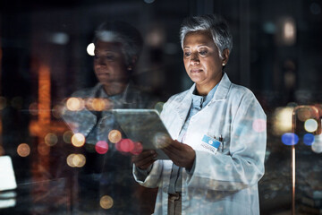 Medical, research and night with doctor and tablet for planning, medicine and schedule. Technology,...