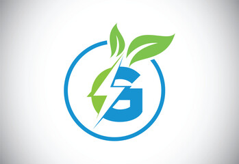 Initial G letter thunderbolt leaf circle or eco energy saver icon. Leaf and thunderbolt icon concept for nature power electric logo