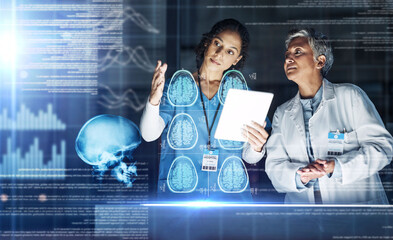 Doctors, tablet and futuristic brain in head mri, cancer xray or mental health neurology in night...