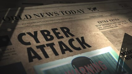 Cyber crime article in retro Newspaper with hacker code glitch skull symbol, attack Internet, security breach