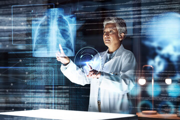 Doctor, medical or hospital with lungs abstract in tuberculosis virus, cancer or asthma overlay analytics in night thinking. Futuristic, hologram or breathing organ glow for healthcare planning woman - obrazy, fototapety, plakaty