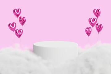 Valentine's concept, podium showing products and heart balloons in pink tones, clouds - 3d rendering.