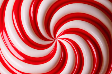 Candy cane swirling radial background. Close up view of ice cream or lollipop with depth of field. Generative AI