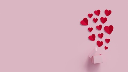 Valentine's Day concept, open paper box with a paper heart floating out. Pink background.