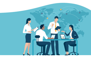 Global trade, global investment. The team discusses in front of the world map. Business vector illustration.