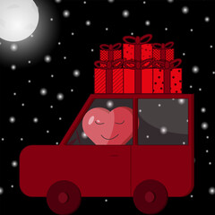 Valentine's day greeting card with red heart in the viva magenta car with a lot of gift boxes with a bow on the roof on night sky background. 