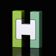 3d letter H plastic green and white from alphabet isolated in a black background. Hi tech metallic font character design illustration, text minimal style, 3d rendering