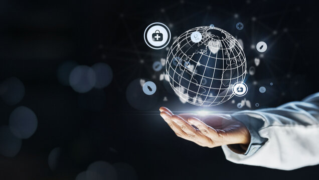 Doctor, hand or 3d globe in healthcare networking, digital help or life insurance cybersecurity on isolated black background. Zoom, medical or futuristic world for global hospital, woman or ai mockup - Powered by Adobe
