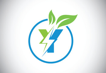 Initial Y letter thunderbolt leaf circle or eco energy saver icon. Leaf and thunderbolt icon concept for nature power electric logo