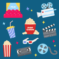 Set of cinema and movie items. Colorful stickers with camera, 3D glasses, video cassette, cine film, camera and delicious popcorn. Cartoon flat vector collection for print.