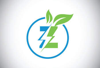 Initial Z letter thunderbolt leaf circle or eco energy saver icon. Leaf and thunderbolt icon concept for nature power electric logo