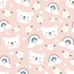 Polar bear happy face on a pastel pink background with rainbows, flowers and clouds. Kids sky pajama, wrapping paper, fabric and textile print