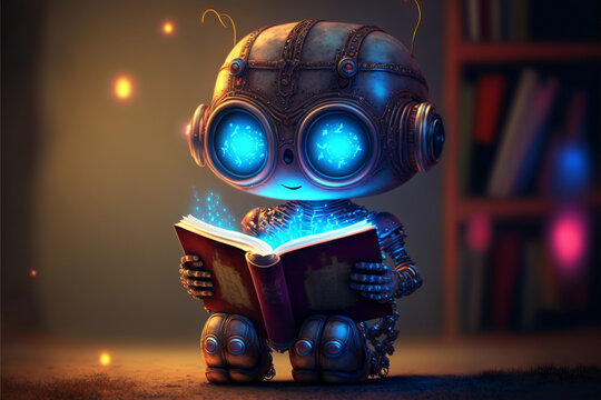 Cute robot child reading a book with a smile, cartoon style, android kid, anthropomorphic art created by ai