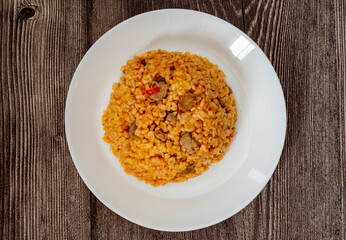 From traditional delicious Turkish cuisine; Bulgur pilaf with meat (Turkish name; etli bulgur pilavi)