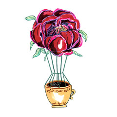 Watercolor hand drawn conceptual illustration of hot air ballon in the shape of peony flower and cup of coffee . Retro ,romantic for Valentines day card.