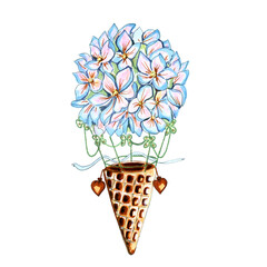 Watercolor hand drawn conceptual illustration of hot air ballon in the shape of flowers and ice-cream cone . Retro ,romantic for Valentines day card, isolated.