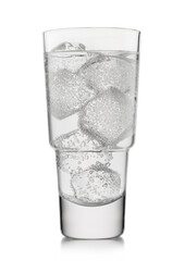 Luxury Glass of lemonade soft drink with ice cubes and bubbles on white background. Saprkling...