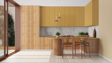 Scandinavian kitchen in yellow and wooden tones. Island with stools and decors, parquet floor. Japandi interior design