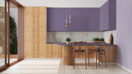 Scandinavian kitchen in purple and wooden tones. Island with stools and decors, parquet floor. Japandi interior design