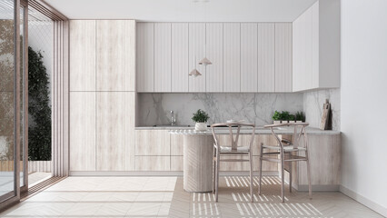 Scandinavian kitchen in white and bleached wooden tones. Island with stools and decors, parquet floor. Japandi interior design © ArchiVIZ