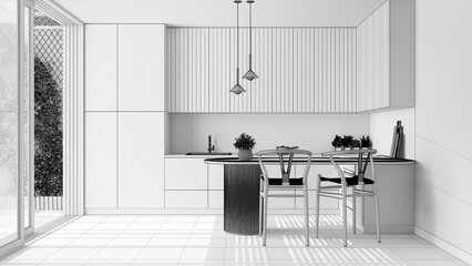 Blueprint unfinished project draft, scandinavian kitchen. Island with stools and decors, parquet floor. Japandi interior design