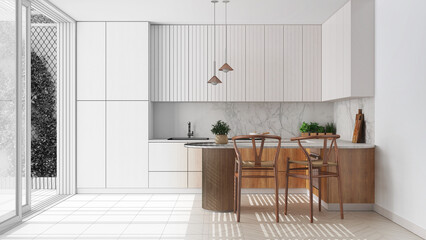 Fototapeta premium Architect interior designer concept: hand-drawn draft unfinished project that becomes real, scandinavian kitchen. Island with stools and parquet floor. Japandi style