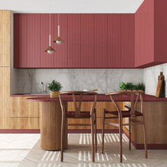 Japandi wooden kitchen in red tones. Dining island with chairs. Herringbone parquet floor and potted plants. Contemporary interior design