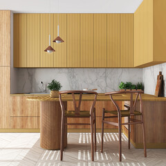 Japandi wooden kitchen in yellow tones. Dining island with chairs. Herringbone parquet floor and potted plants. Contemporary interior design