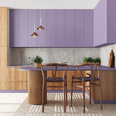Japandi wooden kitchen in purple tones. Dining island with chairs. Herringbone parquet floor and potted plants. Contemporary interior design