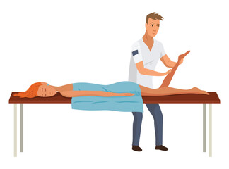 Massage therapist at work. Patient lying on couch, enjoying body relaxing treatment. Physiotherapist practicing massage, isolated cartoon characters. Flat vector illustration