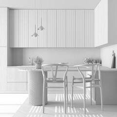 Total white project draft, japandi wooden kitchen. Dining island with chairs. Herringbone parquet floor and potted plants. Contemporary interior design