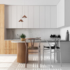 Architect interior designer concept: hand-drawn draft unfinished project that becomes real, japandi wooden kitchen. Dining island with chairs. Contemporary style