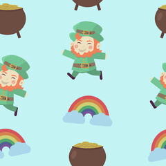 St. Patricks day seamless pattern with leprechaun, rainbow and pot of coins.