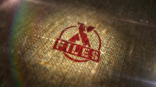 X Files sign stamp on natural linen sack. Secret mystery investigation and conspiracy 3D rendered design abstract concept. Looped and seamless animation.